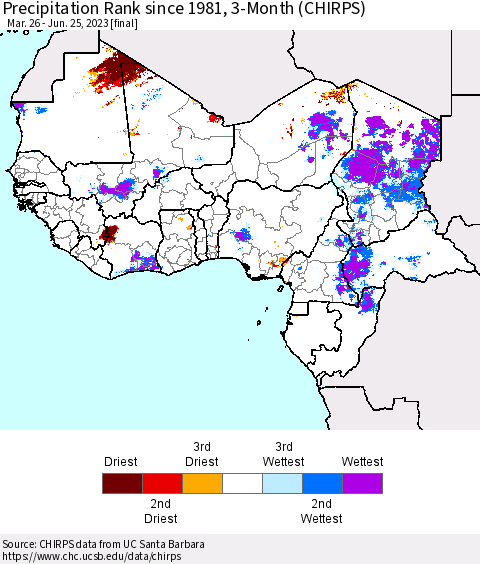 Western Africa Precipitation Rank since 1981, 3-Month (CHIRPS) Thematic Map For 3/26/2023 - 6/25/2023