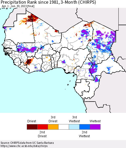 Western Africa Precipitation Rank since 1981, 3-Month (CHIRPS) Thematic Map For 4/1/2023 - 6/30/2023