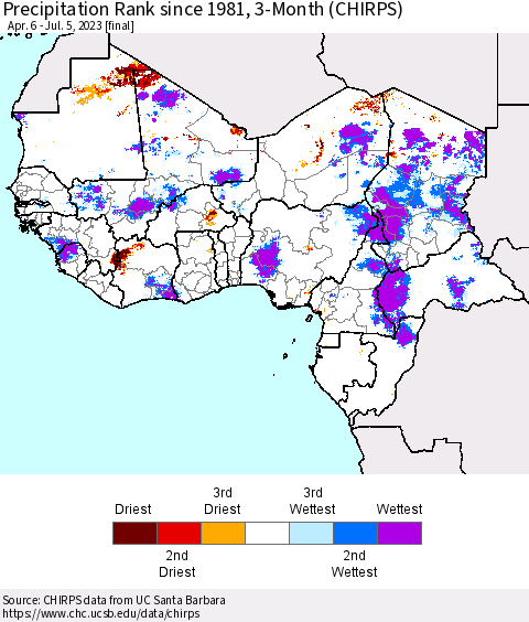 Western Africa Precipitation Rank since 1981, 3-Month (CHIRPS) Thematic Map For 4/6/2023 - 7/5/2023