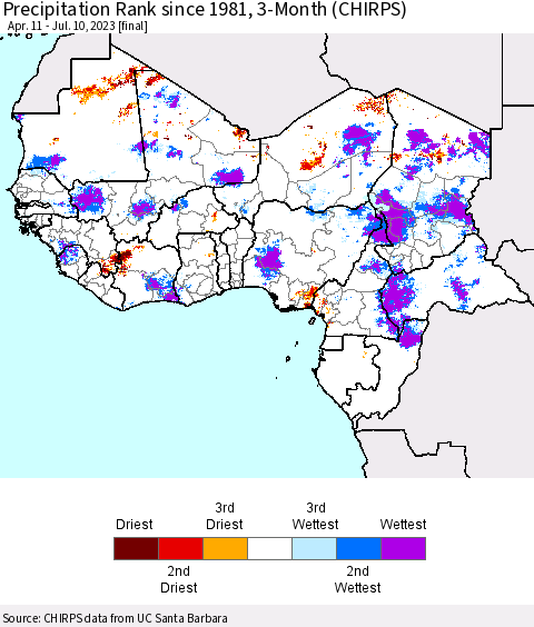 Western Africa Precipitation Rank since 1981, 3-Month (CHIRPS) Thematic Map For 4/11/2023 - 7/10/2023
