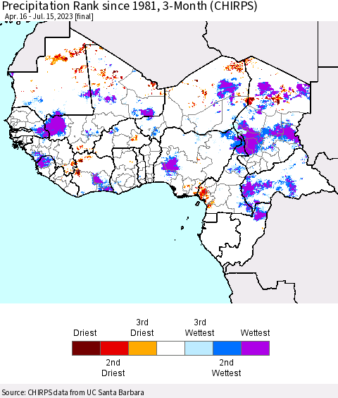 Western Africa Precipitation Rank since 1981, 3-Month (CHIRPS) Thematic Map For 4/16/2023 - 7/15/2023