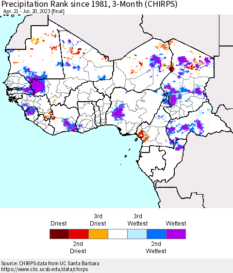 Western Africa Precipitation Rank since 1981, 3-Month (CHIRPS) Thematic Map For 4/21/2023 - 7/20/2023