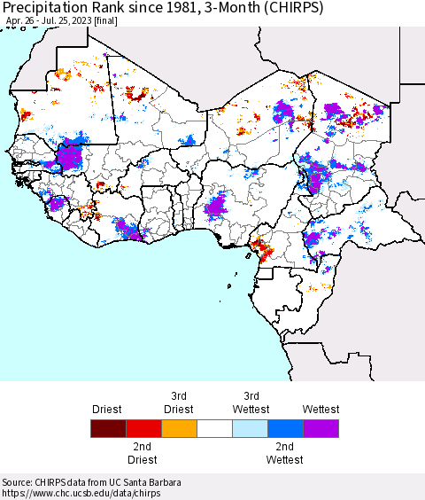 Western Africa Precipitation Rank since 1981, 3-Month (CHIRPS) Thematic Map For 4/26/2023 - 7/25/2023