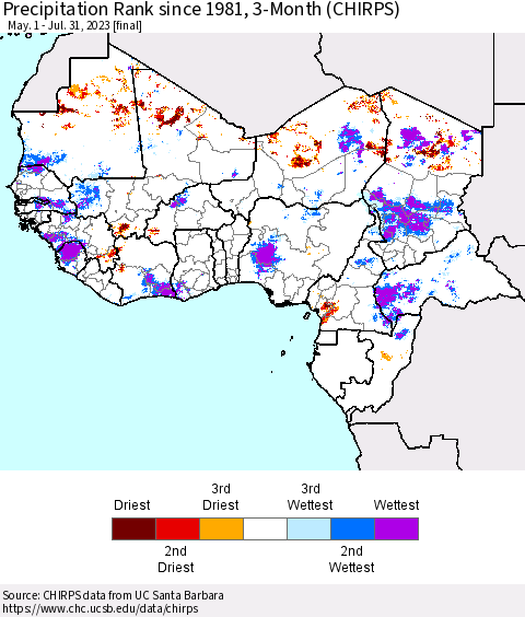 Western Africa Precipitation Rank since 1981, 3-Month (CHIRPS) Thematic Map For 5/1/2023 - 7/31/2023