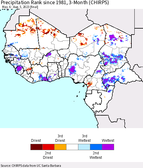 Western Africa Precipitation Rank since 1981, 3-Month (CHIRPS) Thematic Map For 5/6/2023 - 8/5/2023