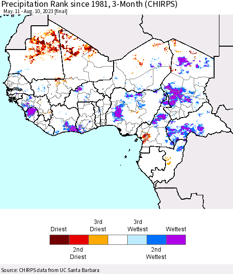 Western Africa Precipitation Rank since 1981, 3-Month (CHIRPS) Thematic Map For 5/11/2023 - 8/10/2023
