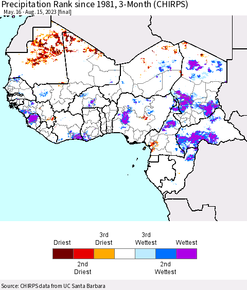 Western Africa Precipitation Rank since 1981, 3-Month (CHIRPS) Thematic Map For 5/16/2023 - 8/15/2023