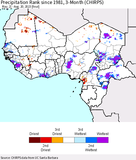 Western Africa Precipitation Rank since 1981, 3-Month (CHIRPS) Thematic Map For 5/21/2023 - 8/20/2023