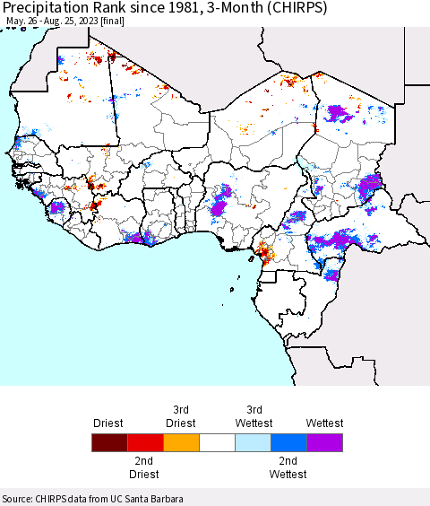 Western Africa Precipitation Rank since 1981, 3-Month (CHIRPS) Thematic Map For 5/26/2023 - 8/25/2023