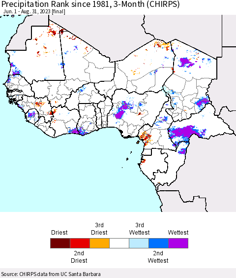 Western Africa Precipitation Rank since 1981, 3-Month (CHIRPS) Thematic Map For 6/1/2023 - 8/31/2023