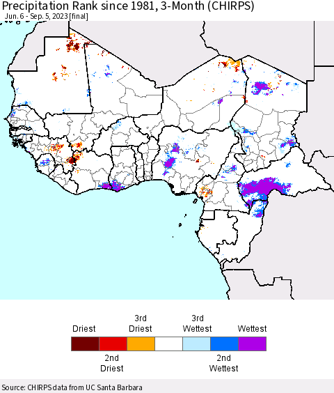 Western Africa Precipitation Rank since 1981, 3-Month (CHIRPS) Thematic Map For 6/6/2023 - 9/5/2023