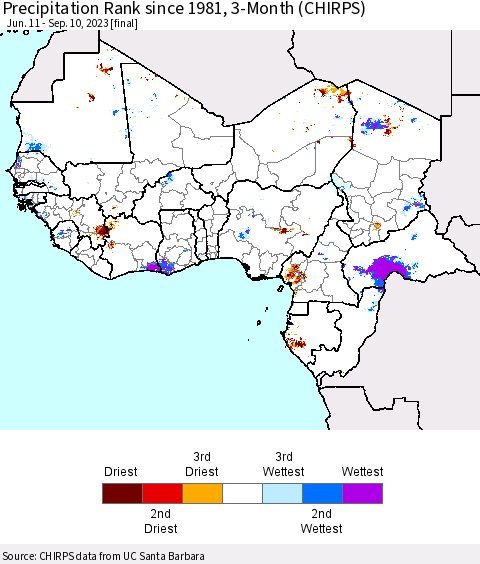 Western Africa Precipitation Rank since 1981, 3-Month (CHIRPS) Thematic Map For 6/11/2023 - 9/10/2023