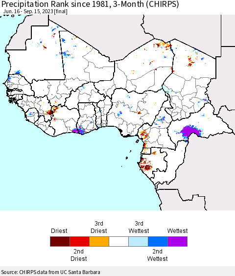 Western Africa Precipitation Rank since 1981, 3-Month (CHIRPS) Thematic Map For 6/16/2023 - 9/15/2023