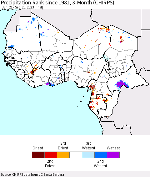 Western Africa Precipitation Rank since 1981, 3-Month (CHIRPS) Thematic Map For 6/21/2023 - 9/20/2023