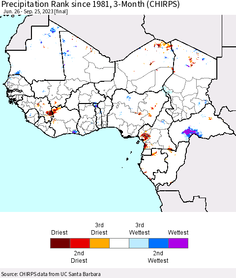Western Africa Precipitation Rank since 1981, 3-Month (CHIRPS) Thematic Map For 6/26/2023 - 9/25/2023