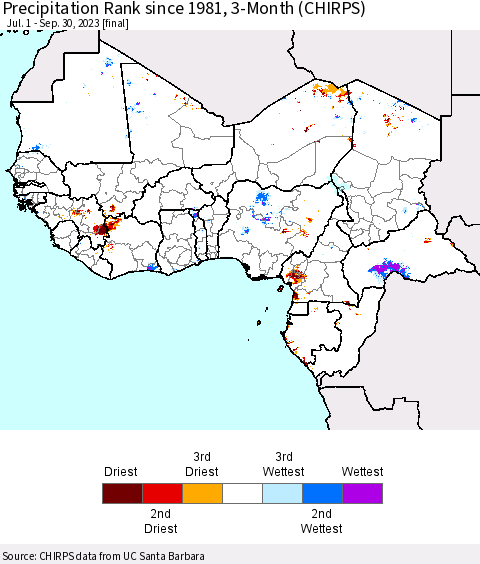 Western Africa Precipitation Rank since 1981, 3-Month (CHIRPS) Thematic Map For 7/1/2023 - 9/30/2023