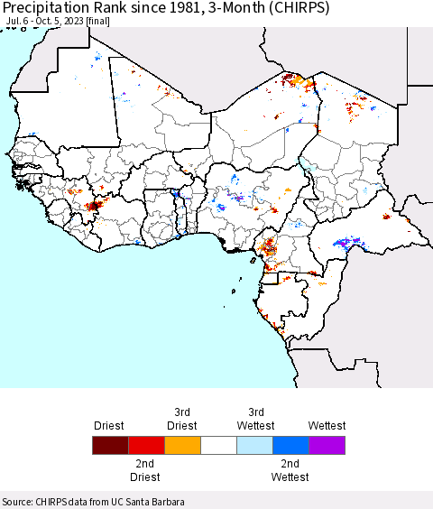 Western Africa Precipitation Rank since 1981, 3-Month (CHIRPS) Thematic Map For 7/6/2023 - 10/5/2023