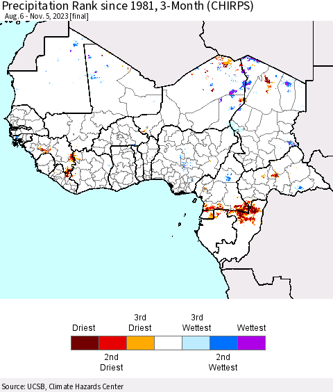 Western Africa Precipitation Rank since 1981, 3-Month (CHIRPS) Thematic Map For 8/6/2023 - 11/5/2023