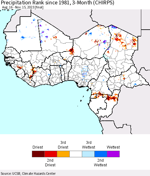Western Africa Precipitation Rank since 1981, 3-Month (CHIRPS) Thematic Map For 8/16/2023 - 11/15/2023