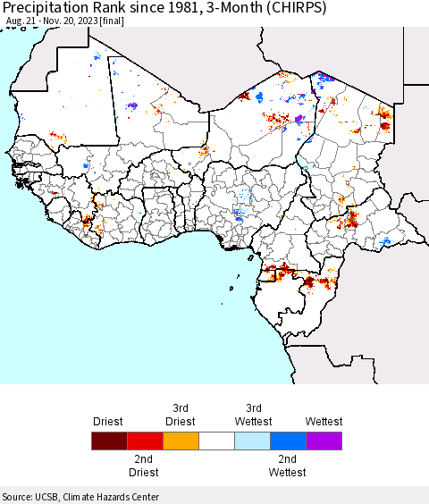 Western Africa Precipitation Rank since 1981, 3-Month (CHIRPS) Thematic Map For 8/21/2023 - 11/20/2023