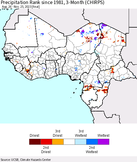 Western Africa Precipitation Rank since 1981, 3-Month (CHIRPS) Thematic Map For 8/26/2023 - 11/25/2023