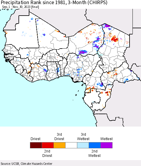 Western Africa Precipitation Rank since 1981, 3-Month (CHIRPS) Thematic Map For 9/1/2023 - 11/30/2023