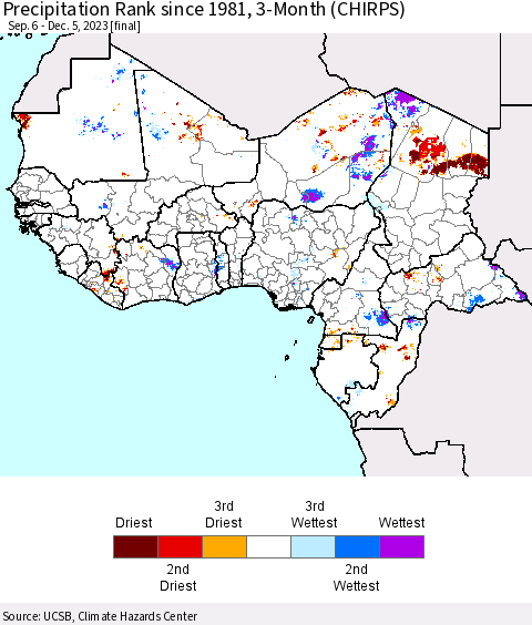 Western Africa Precipitation Rank since 1981, 3-Month (CHIRPS) Thematic Map For 9/6/2023 - 12/5/2023