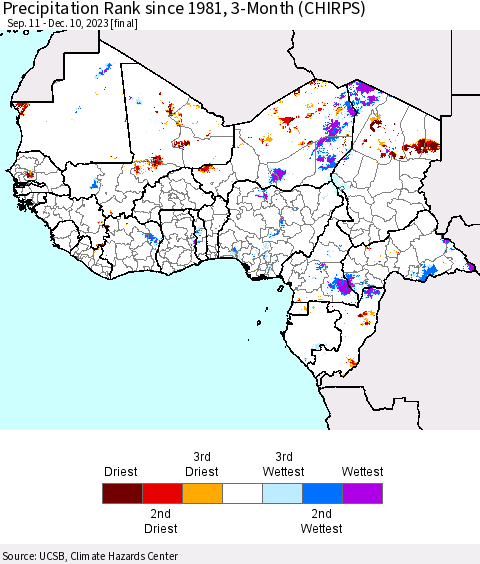 Western Africa Precipitation Rank since 1981, 3-Month (CHIRPS) Thematic Map For 9/11/2023 - 12/10/2023