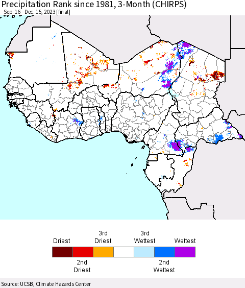 Western Africa Precipitation Rank since 1981, 3-Month (CHIRPS) Thematic Map For 9/16/2023 - 12/15/2023