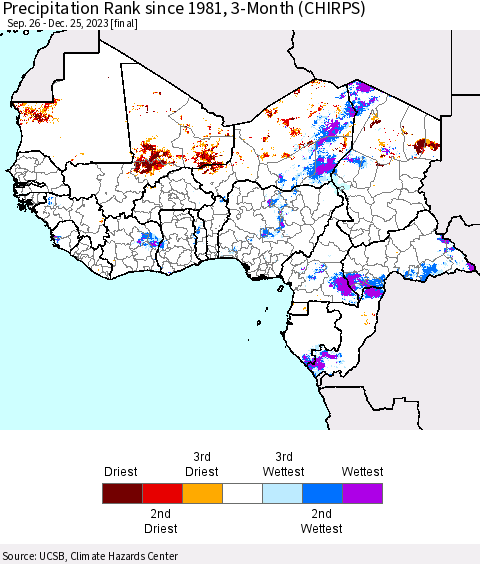 Western Africa Precipitation Rank since 1981, 3-Month (CHIRPS) Thematic Map For 9/26/2023 - 12/25/2023