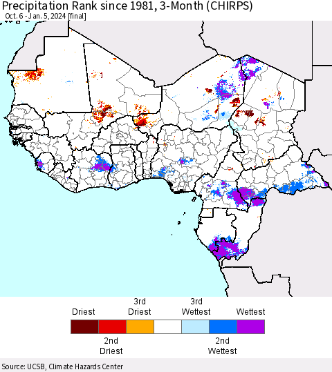 Western Africa Precipitation Rank since 1981, 3-Month (CHIRPS) Thematic Map For 10/6/2023 - 1/5/2024