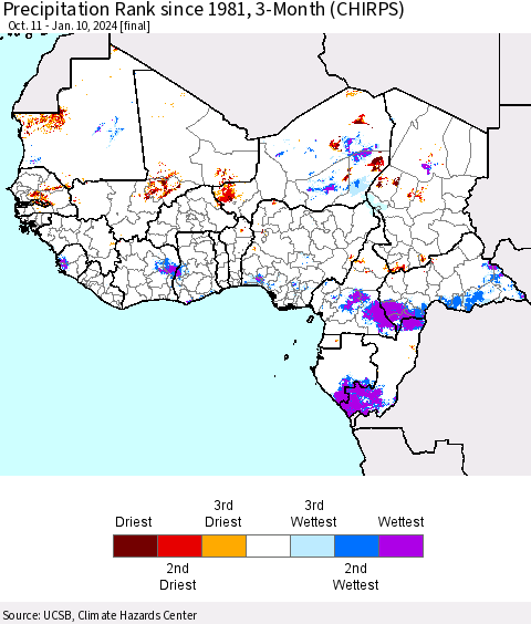 Western Africa Precipitation Rank since 1981, 3-Month (CHIRPS) Thematic Map For 10/11/2023 - 1/10/2024