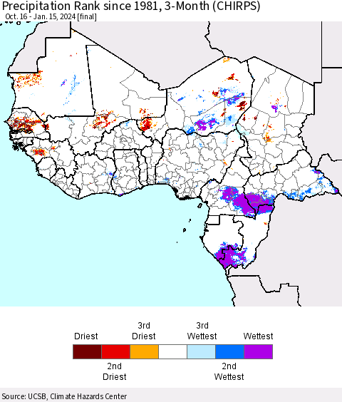 Western Africa Precipitation Rank since 1981, 3-Month (CHIRPS) Thematic Map For 10/16/2023 - 1/15/2024