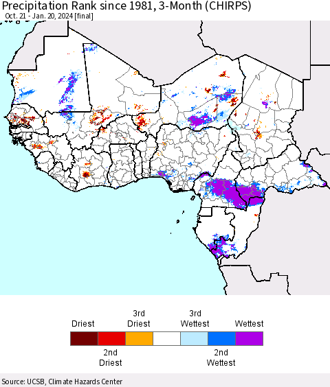 Western Africa Precipitation Rank since 1981, 3-Month (CHIRPS) Thematic Map For 10/21/2023 - 1/20/2024