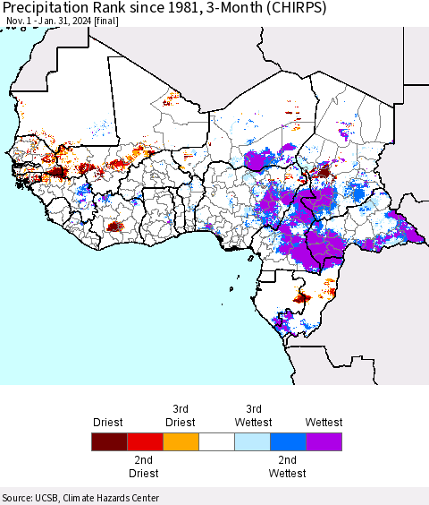Western Africa Precipitation Rank since 1981, 3-Month (CHIRPS) Thematic Map For 11/1/2023 - 1/31/2024