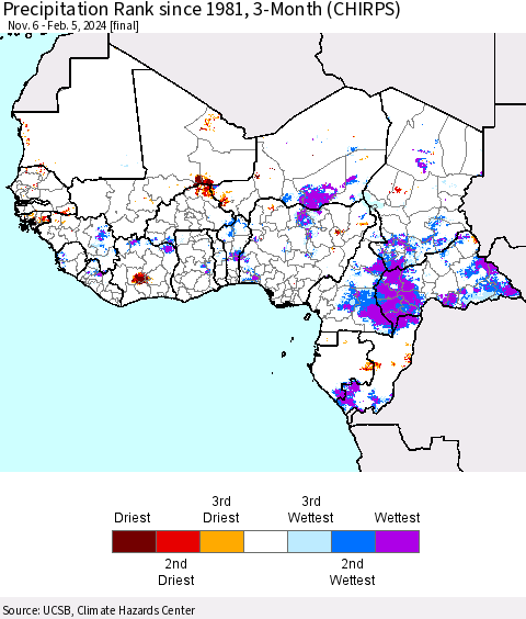 Western Africa Precipitation Rank since 1981, 3-Month (CHIRPS) Thematic Map For 11/6/2023 - 2/5/2024