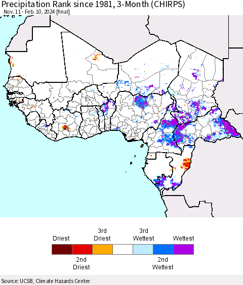 Western Africa Precipitation Rank since 1981, 3-Month (CHIRPS) Thematic Map For 11/11/2023 - 2/10/2024