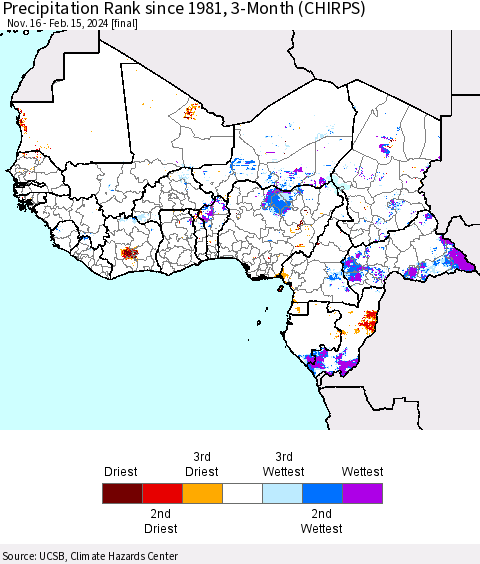 Western Africa Precipitation Rank since 1981, 3-Month (CHIRPS) Thematic Map For 11/16/2023 - 2/15/2024