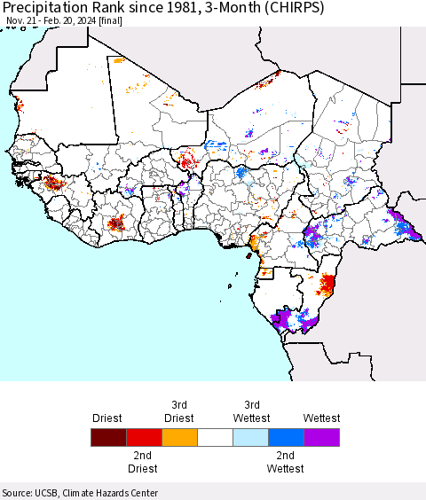 Western Africa Precipitation Rank since 1981, 3-Month (CHIRPS) Thematic Map For 11/21/2023 - 2/20/2024