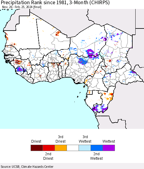 Western Africa Precipitation Rank since 1981, 3-Month (CHIRPS) Thematic Map For 11/26/2023 - 2/25/2024