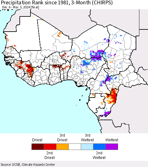 Western Africa Precipitation Rank since 1981, 3-Month (CHIRPS) Thematic Map For 12/6/2023 - 3/5/2024