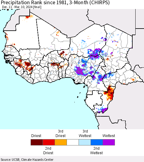 Western Africa Precipitation Rank since 1981, 3-Month (CHIRPS) Thematic Map For 12/11/2023 - 3/10/2024