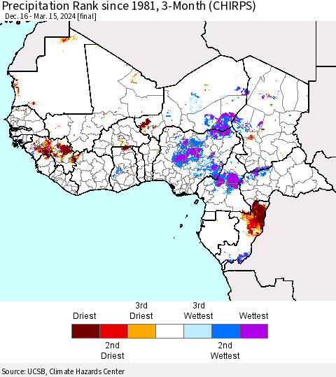 Western Africa Precipitation Rank since 1981, 3-Month (CHIRPS) Thematic Map For 12/16/2023 - 3/15/2024
