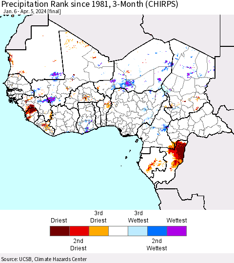 Western Africa Precipitation Rank since 1981, 3-Month (CHIRPS) Thematic Map For 1/6/2024 - 4/5/2024