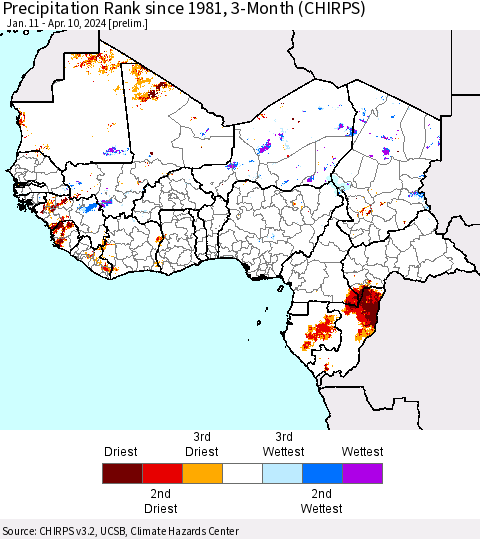 Western Africa Precipitation Rank since 1981, 3-Month (CHIRPS) Thematic Map For 1/11/2024 - 4/10/2024