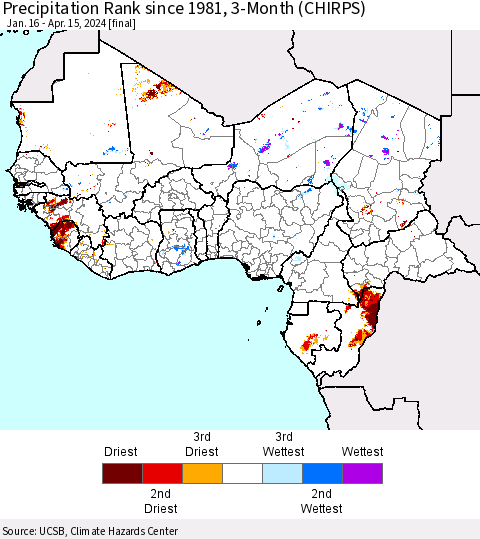 Western Africa Precipitation Rank since 1981, 3-Month (CHIRPS) Thematic Map For 1/16/2024 - 4/15/2024