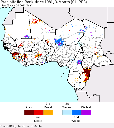 Western Africa Precipitation Rank since 1981, 3-Month (CHIRPS) Thematic Map For 1/21/2024 - 4/20/2024