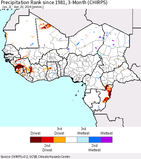 Western Africa Precipitation Rank since 1981, 3-Month (CHIRPS) Thematic Map For 1/21/2024 - 4/20/2024