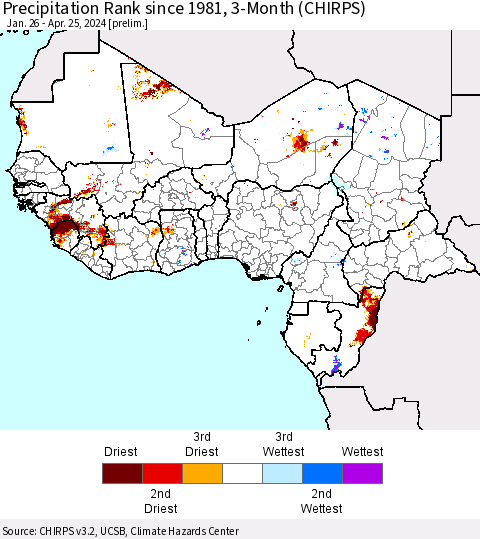 Western Africa Precipitation Rank since 1981, 3-Month (CHIRPS) Thematic Map For 1/26/2024 - 4/25/2024
