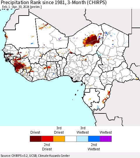Western Africa Precipitation Rank since 1981, 3-Month (CHIRPS) Thematic Map For 2/1/2024 - 4/30/2024